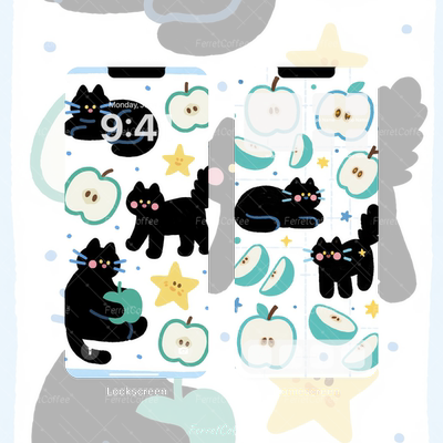 黑猫猫青苹果星星 治愈简笔画 原创高清手机头像壁纸 3张 BI_0052