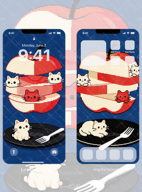 猫猫苹果餐盘叉子切片 原创高清手机平板头像壁纸 2张 BI_0039