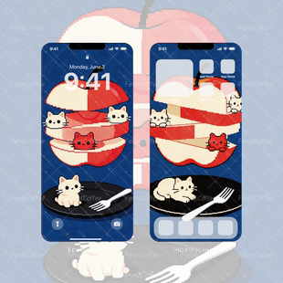 BI_0039 2张 猫猫苹果餐盘叉子切片 原创高清手机平板头像壁纸
