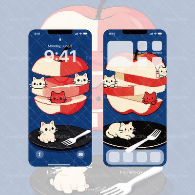 猫猫苹果餐盘叉子切片 原创高清手机平板头像壁纸 2张 BI_0039