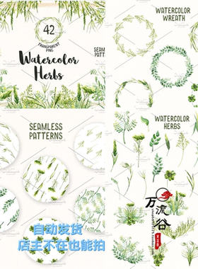 水彩森系手绘绿色植物叶子花环图标案 JPG PNG免扣设计贺卡素材