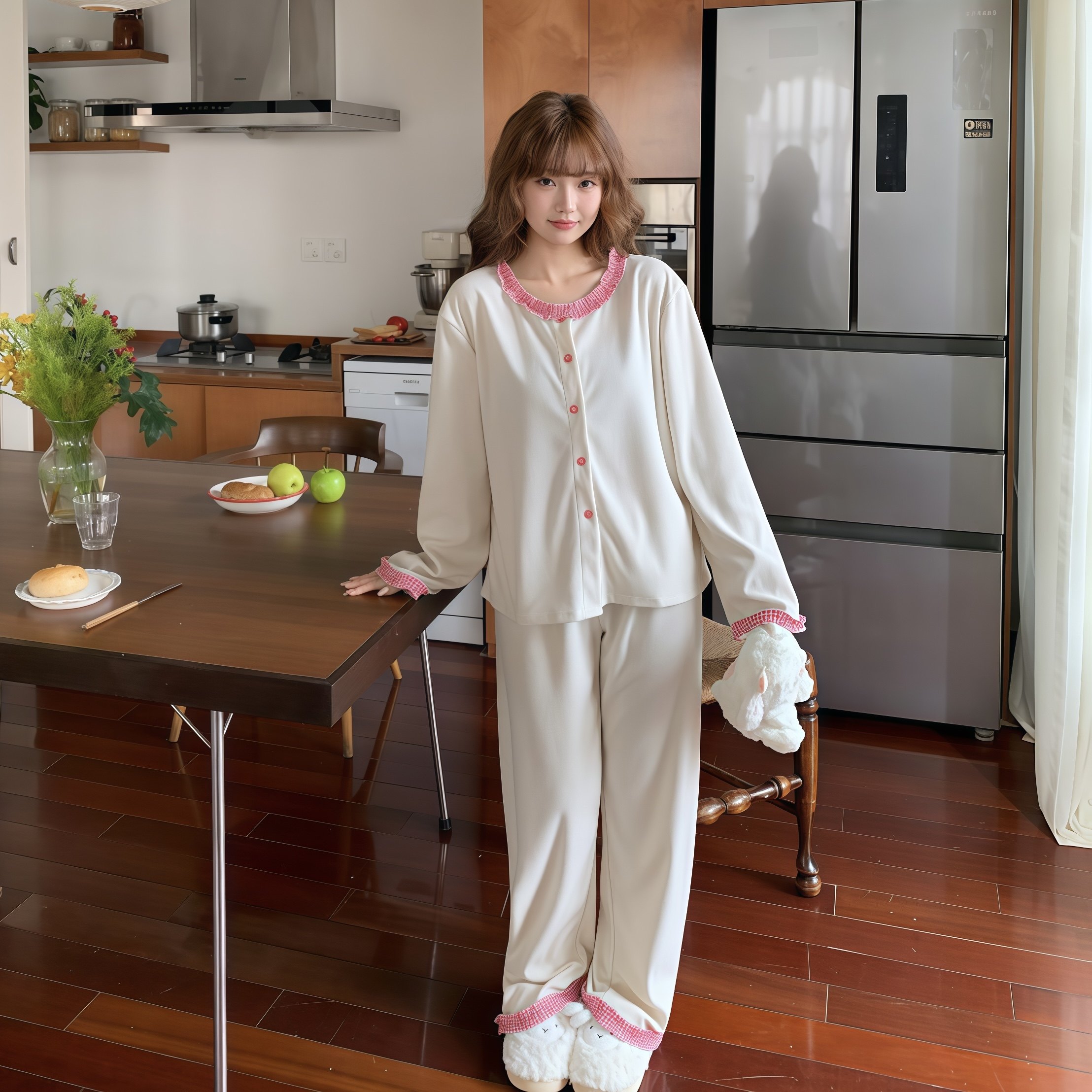 韩版撞色花边海岛绒睡衣女套装