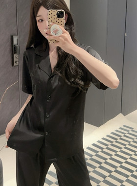 Pyjamas 黑色烫钻高级感短袖睡衣女夏季冰丝开衫蝴蝶家居服套长裤