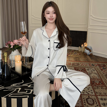 Pyjamas 法式高级冰丝睡衣女春秋长袖蝴蝶结设计感条纹家居服套装