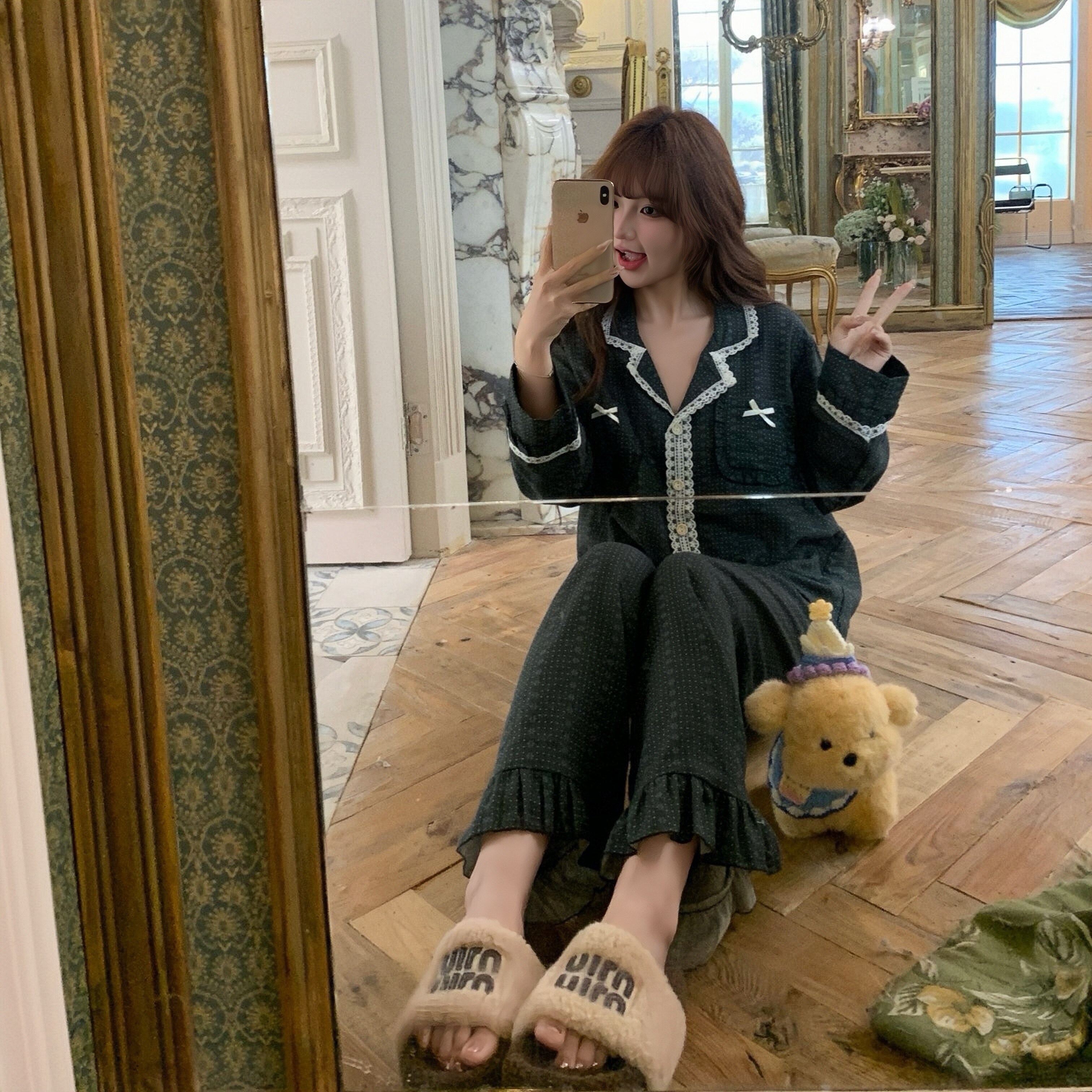 半眠Pyjamas 复古少女长袖印花翻领纯棉睡衣女春秋双层棉纱家居服