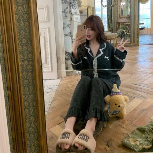 半眠Pyjamas 复古少女长袖印花翻领纯棉睡衣女春秋双层棉纱家居服