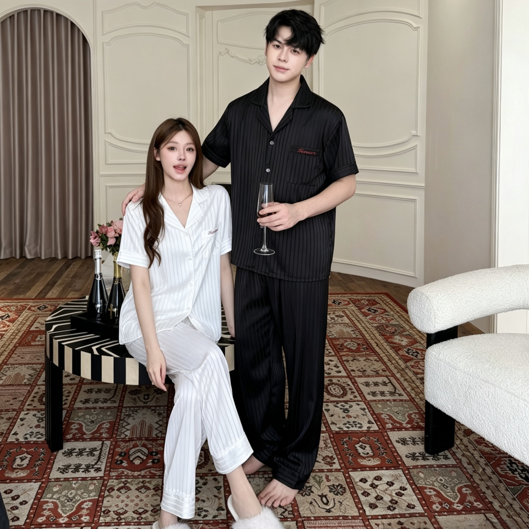 pyjamas防醋酸 小姿情侣短袖睡衣男女冰丝纯欲长裤轻奢气质家居服