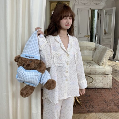 半眠Pyjamas森系少女印花翻领长袖睡衣女春秋双层棉纱长裤家居服