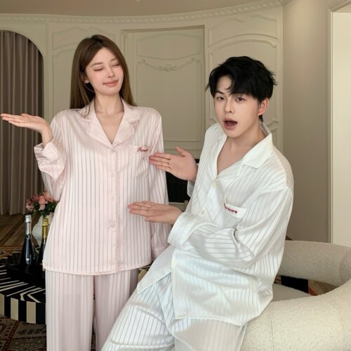 半眠pyjamas 小姿情侣睡衣男女冰丝纯欲条纹长袖轻奢气质家居服