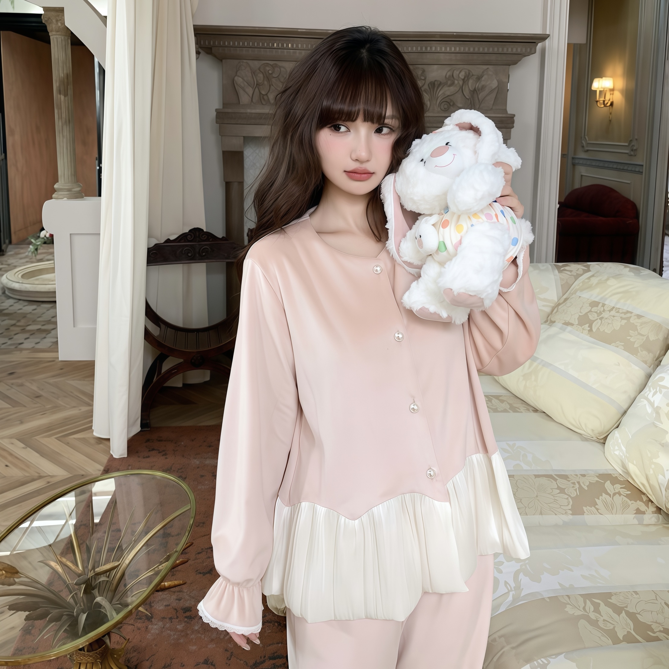 法式公主风荷叶边海岛绒睡衣套装