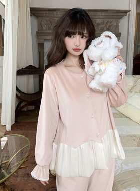 新款法式公主风荷叶边海岛绒睡衣女秋冬季长袖长裤家居服套装