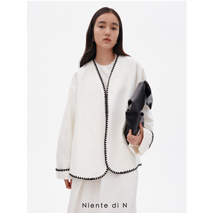 亚麻无领毛毯绣轻薄短外套 Niente
