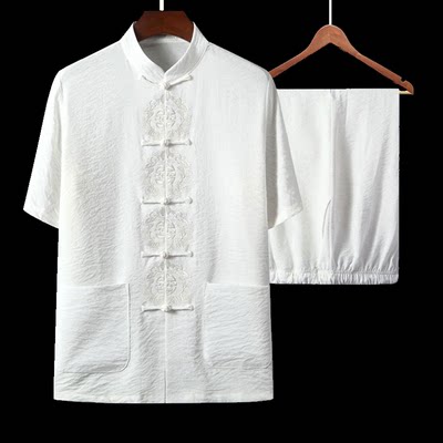 中国风中式棉麻唐装男士短袖套装中老年人居士服汉服男夏季爸爸装