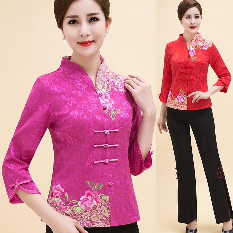 棉麻刺绣唐装夏季七分袖妈妈装