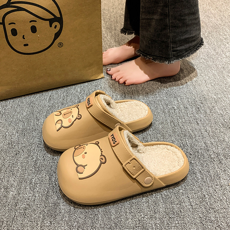 可爱卡通加绒厚底包头半拖鞋女2025秋冬季新款外穿两穿洞洞鞋棉鞋