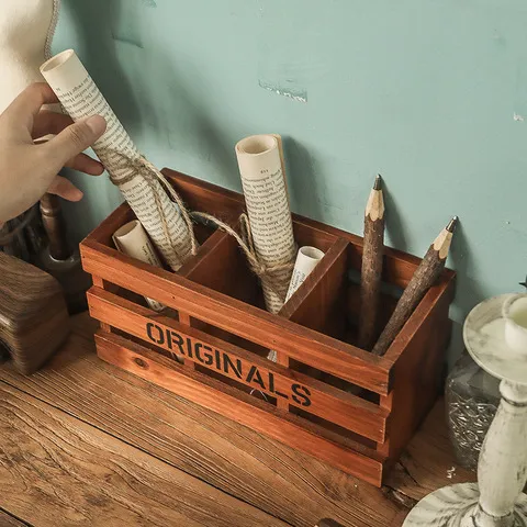 木质学习用品文具盒化妆刷桶笔筒收纳桌面书桌复古办公室创意摆件