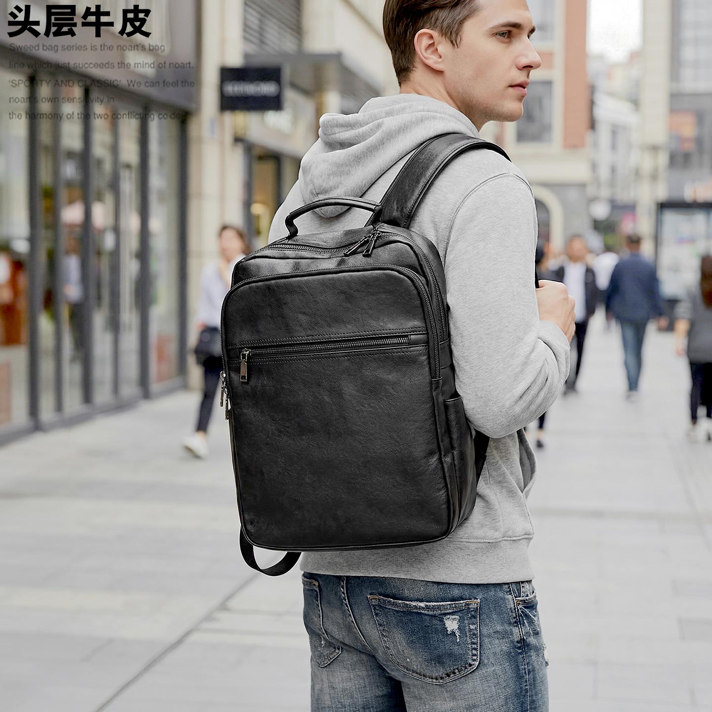 左森植鞣头层牛皮双肩真皮包男电脑包学生书包背包软皮男士旅行包