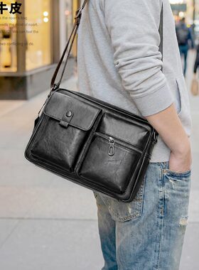 左森植鞣头层牛皮男士斜挎包多口袋单肩包休闲大容量黑色男包