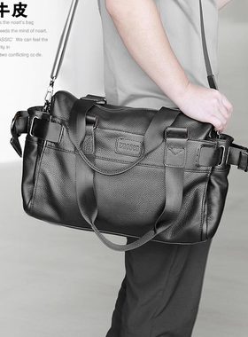 左森真皮单肩包男士头层牛皮斜挎包多口袋旅行包休闲手提电脑软皮