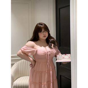方领抽绳褶皱收腰大码 微胖甜美风 女纯欲显瘦连衣裙