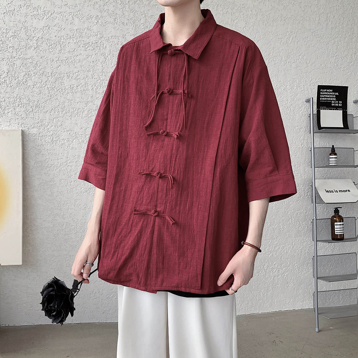 2026夏季宽松翻领麻棉复古风风汉服衬衫有大码C57F65,男装衬衫,电商B375