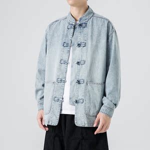 2025秋冬做旧水洗布扣立领做旧唐装风牛仔夹克 JK43 P105图片