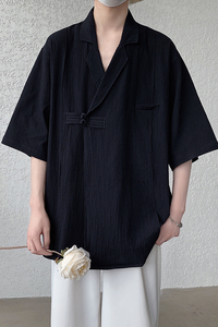 夏季加大码纯色麻料复古新中式港风短袖西服 M到5XL JK40 F65图片