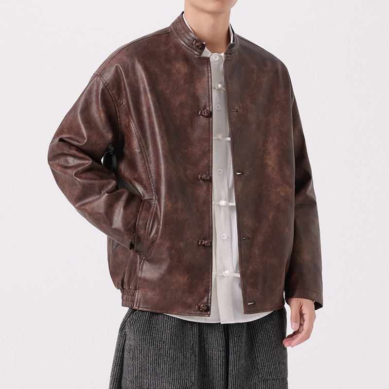 2025加大码宽松立领盘扣复古皮夹克风外套JK69P125,男装皮衣,电商B375