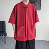 夏季一粒扣麻本色港风纯色立领新中式短袖衬衫C61F65，男装T恤，电商B375