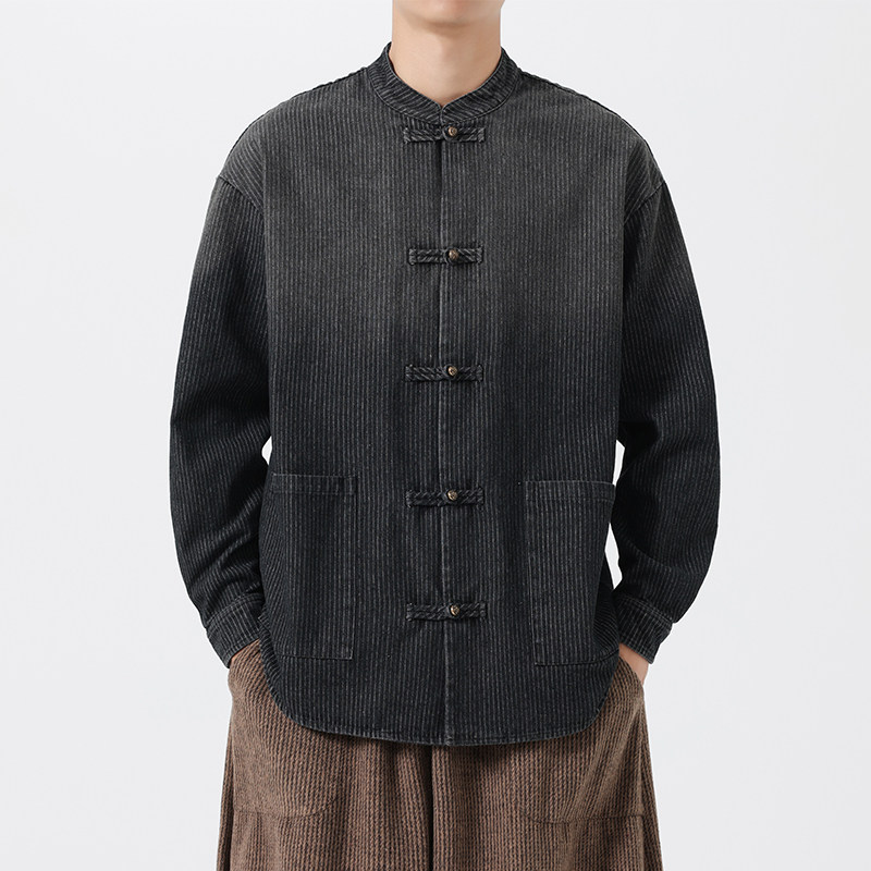 24年秋冬加大码渐变立领做旧风汉服牛仔夹克外套JK65F105,男装夹克,电商B375
