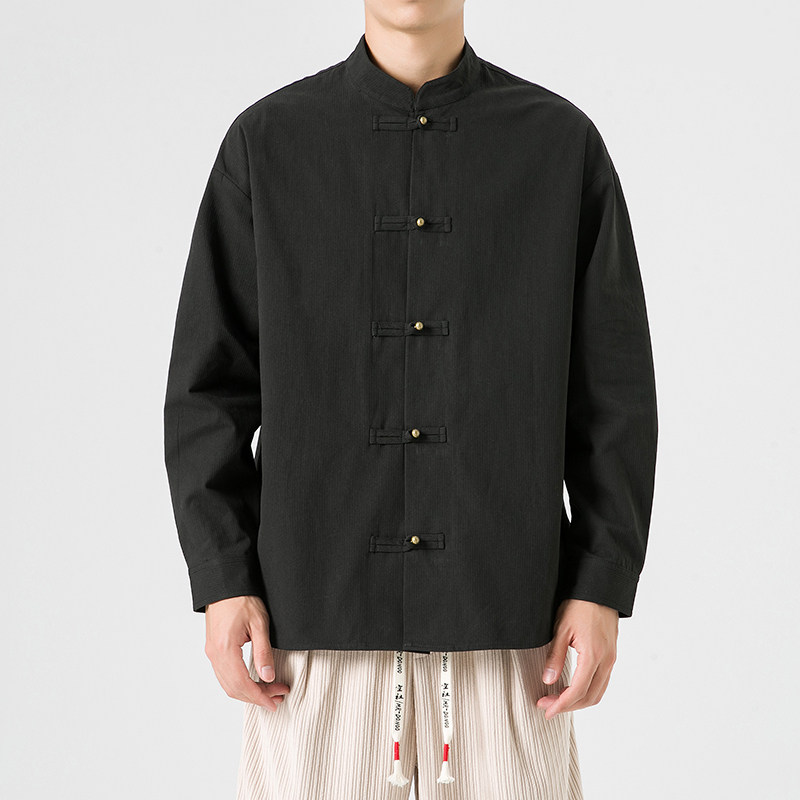 2024加大码纯色立领布扣唐装民族风风长袖衬衫JK42P75，男装衬衫，电商B375