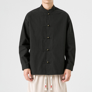 2024加大码纯色立领布扣唐装民族风风长袖衬衫 JK42 P75,男装衬衫,电商B375