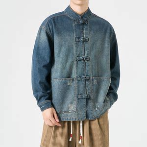 2025秋冬做旧水洗布扣立领做旧唐装风牛仔夹克 JK43 P105图片