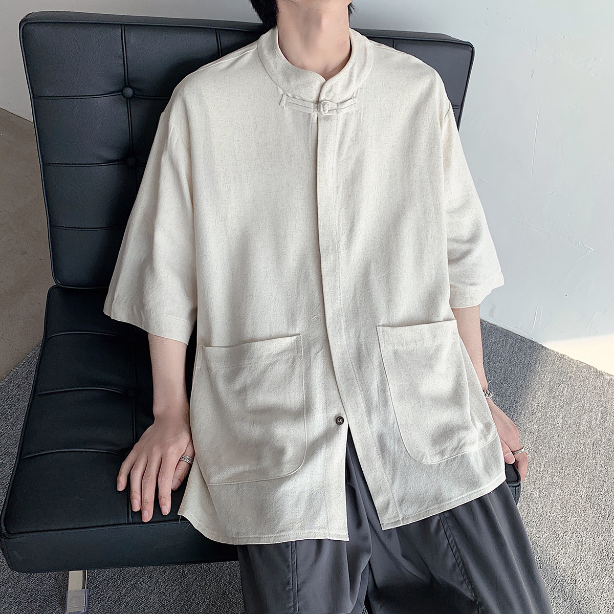夏装棉麻纯色复古太极汉服加大码港风风短袖衬衫 C61 F65图片