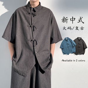 夏装民族服饰做旧复古斜门襟布扣唐装风牛仔衬衫 C76 F70图片