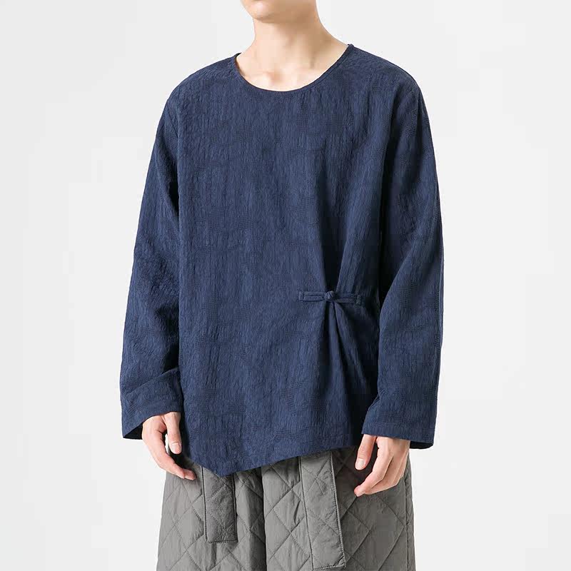 2025冬季宽松棉麻打底长袖唐装汉服搭配套头风T恤T73P50，男装T恤，电商B375