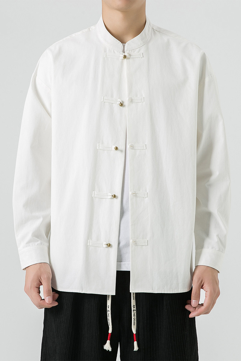 秋冬季宽松立领纯棉铜扣风休闲汉服衬衫JK42P75,男装衬衫,电商B375