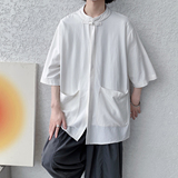 2026夏装宽松立领麻红色纯色汉服打底港风风衬衫C61F65，男装T恤，电商B375