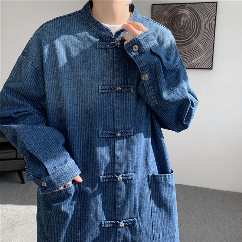 25加大码春季新中式水洗牛仔夹克布扣中山装风JK65P105，男装夹克，电商B375
