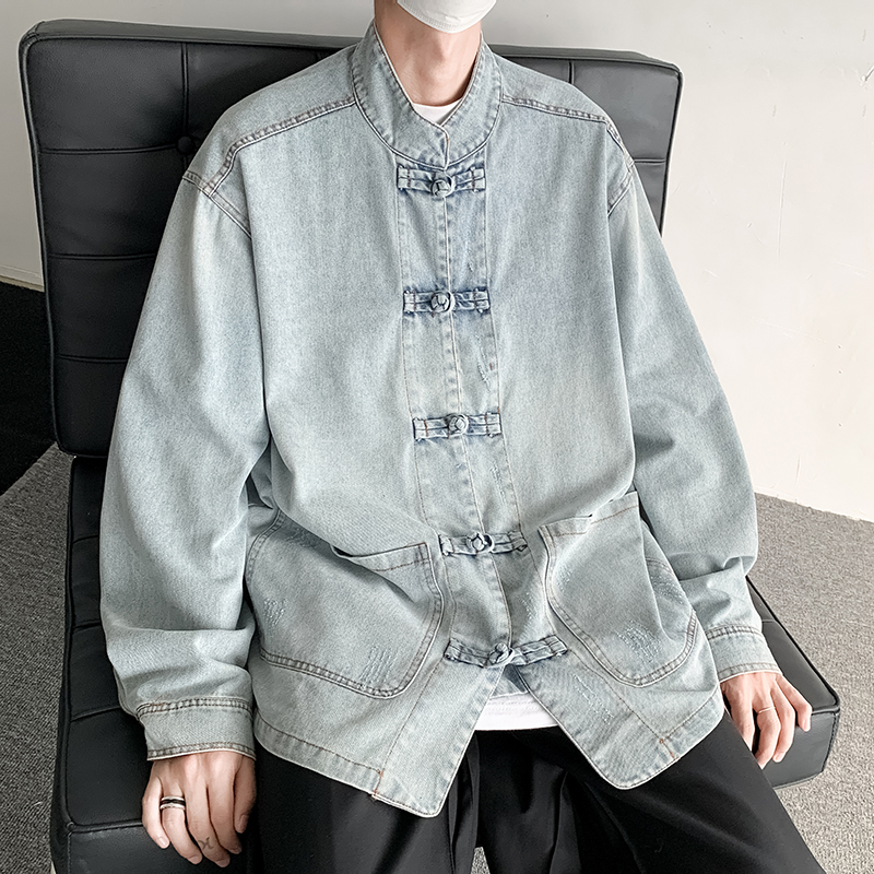 秋冬做旧牛仔夹克厚盘扣中式日系风外套唐装JK43P105，男装工装外套，电商B375