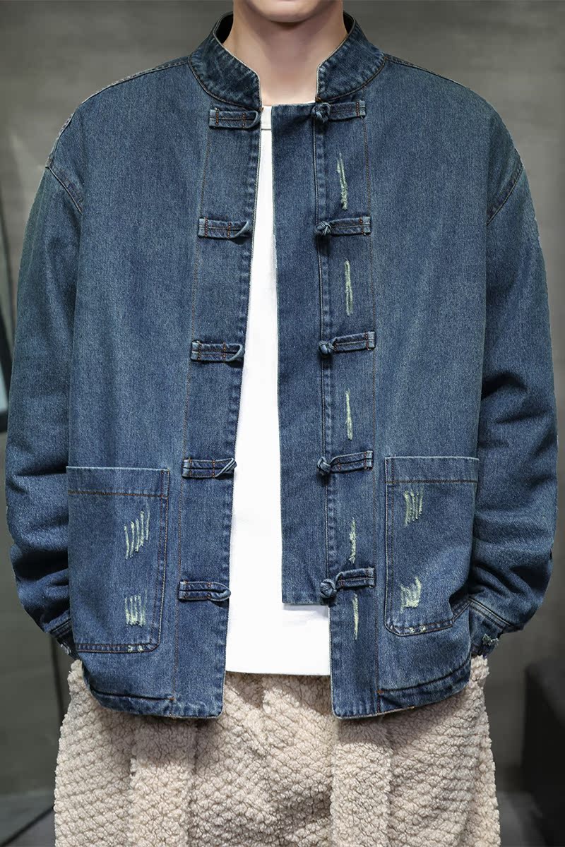 25年加绒厚立领夹克唐装复古汉服风牛仔棉衣JK43-1P130,男装夹克,电商B375