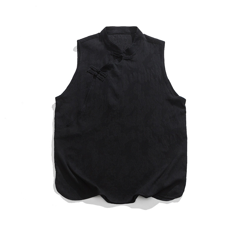 夏立领汉服中山装棉麻无袖纯色平铺图新中式马甲C75F55,男装民族服装,电商B375