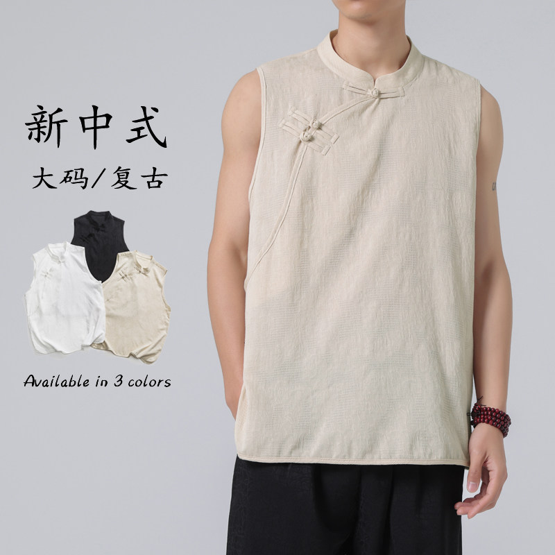 24年夏风立领新中式纯色麻店主风无袖衬衫 M到5XL C75 F55图片