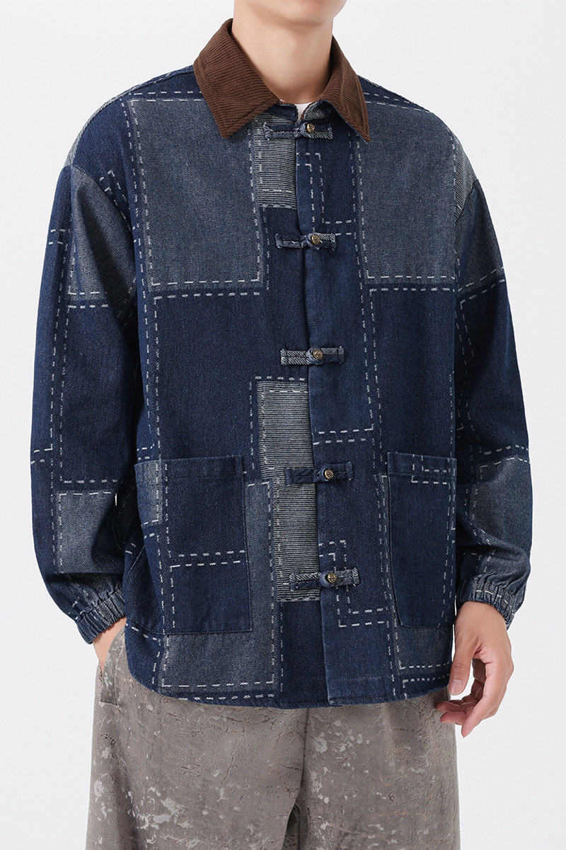 2024加大码日系宽松水洗翻领复古风汉服牛仔夹克JK64F110,男装夹克,电商B375