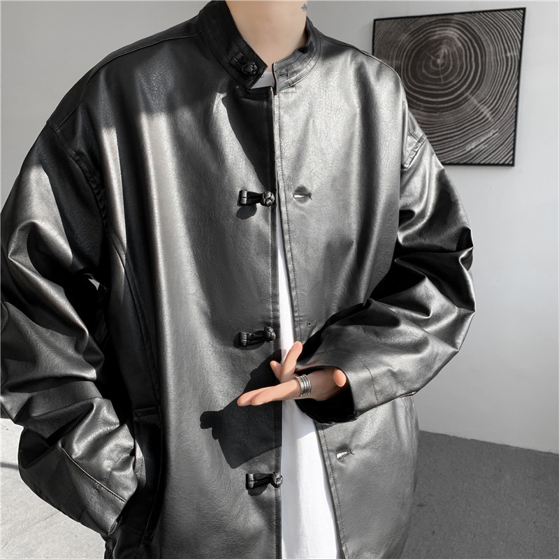2025春季水洗皮衣宽松布扣立领风中式皮夹克JK69P125,男装夹克,电商B375