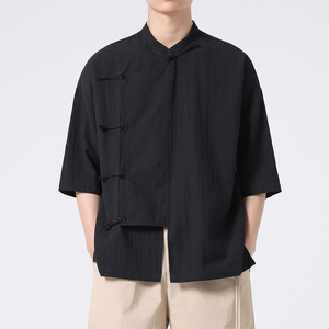24年复古盘扣纯色立领风复古太极服男汉服衬衫C68F65