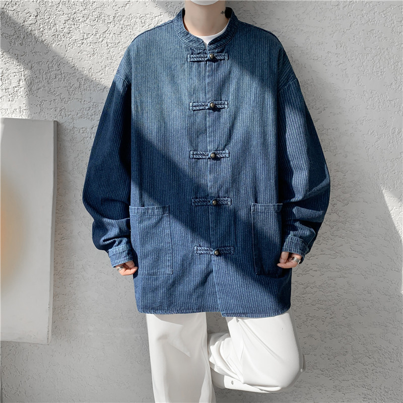 港风唐装汉服复古牛仔水洗做旧厚衬衫风衬衣 JK65 P105图片