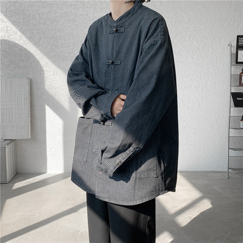 港风唐装汉服复古牛仔水洗做旧厚衬衫风衬衣JK65P105,男装衬衫,电商B375