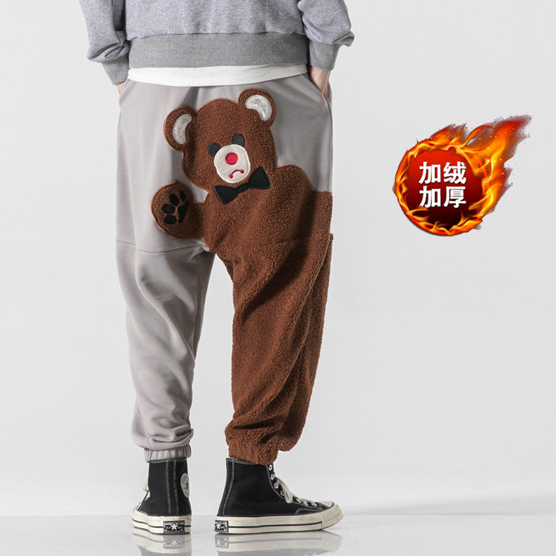 23秋冬加绒加厚棉裤卡通刺绣新中式日系风休闲裤K123P80，男装棉裤，电商B375