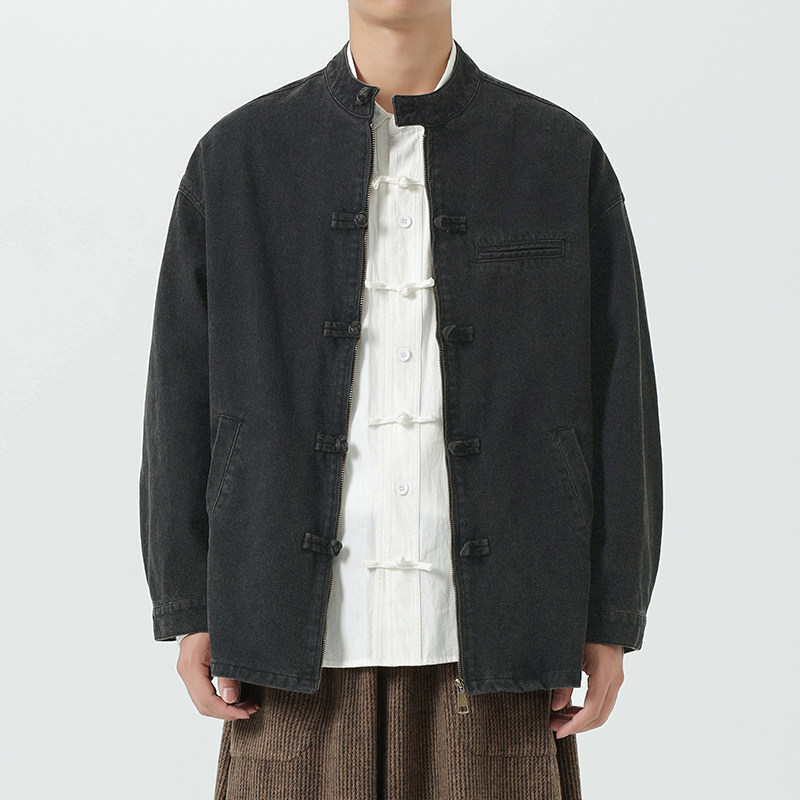 2025大码立领纯色复古飞行员夹克风唐装汉服JK66P115，男装夹克，电商B375